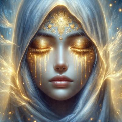 The primary subject of the image is a woman with a flowing white robe, adorned with gold and silver patterns. She is wearing a headpiece and has her eyes closed. The setting is a celestial background, with a starry sky visible in the background. The visual style is digital art, with the woman's features and the background being digitally rendered. The colors and mood of the image are serene and ethereal, with the woman's white robe and the starry sky creating a sense of peace and tranquility.